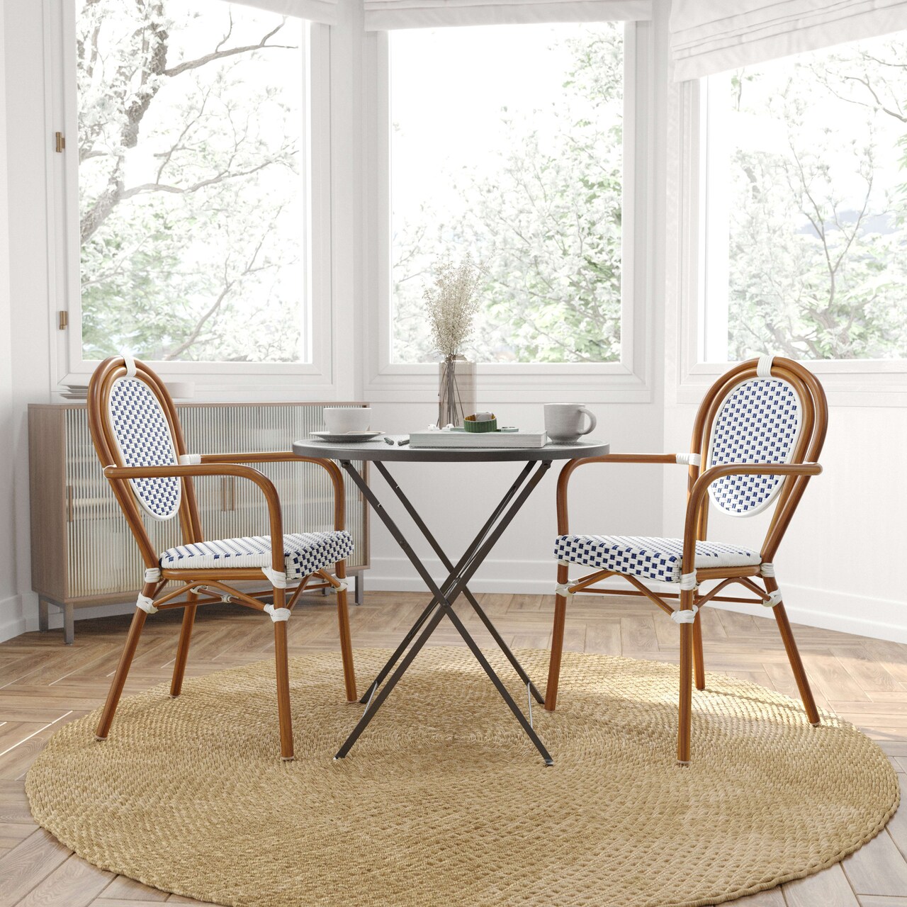 Merrick Lane Celia Set of Two Stacking Thonet Bistro Style Chair with Arms, PE Rattan Seat, and Metal Frame for Indoor/Outdoor Use